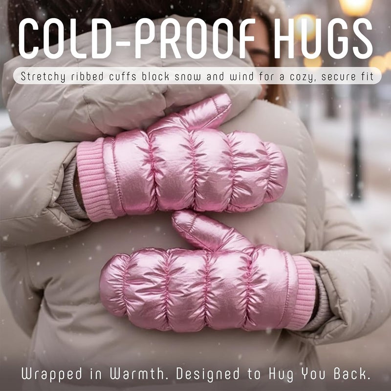 Funky Junque Women's Fleece Lined Puffer Mittens Gloves, Cold Weather Accessory for Ice Skating, Shiny Metallic Knit Cuff - Image 2